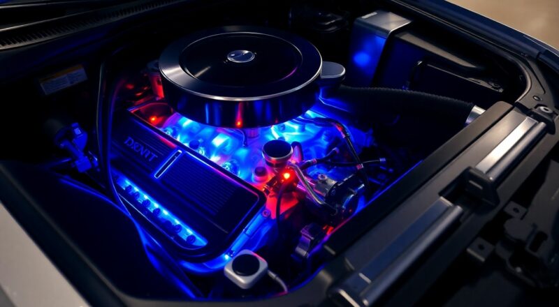 Moteur de voiture reprogrammé avec des lumières bleues et oranges.