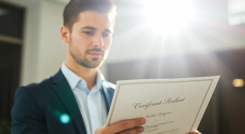 Personne regardant un diplôme avec concentration et fierté.