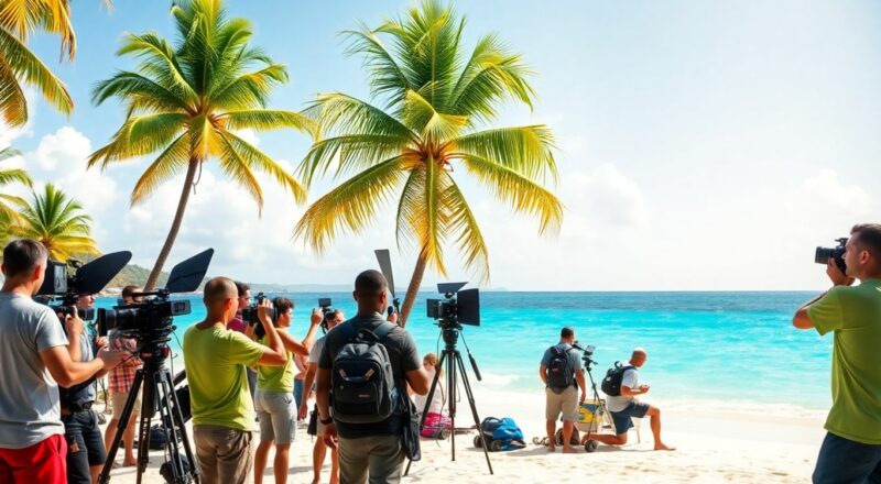 Tournage d'une production audiovisuelle sur une plage en Guadeloupe.