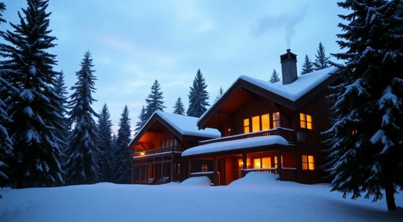 Chalet enneigé sous la lumière de Noël.